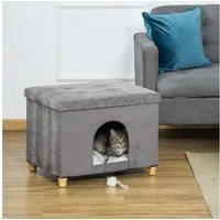 PawHut Tierhaus 2-IN-1 Katzenhöhle Fußhocker mit Kissen Holzbeine Katzenhaus, MDF Plüsch Grau 60 x 45 x 44,5 cm