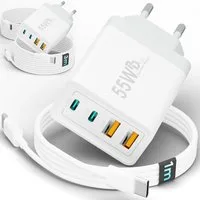 GreenHec Ladegerät USB-C iPhone mehrfach Schnell Handy Adapter Netzteil + Kabel Schnelllade-Gerät (0 mA, Spar-Set, 55w Quatro Charger + USB-C Kabel, iPhone 17 16 15 14 13 12 Pro Max Air, 4 Multi Ports 55w 1m 2m 3m Laden)
