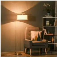 HOMCOM Stehlampe Stehleuchte E27 Sockel für Wohnzimmer Schlafzimmer, Ein-,Ausschalter, ohne Leuchtmittel, Metall Stahl Leinen Gold+Weiß 47 x 37 x 153 cm