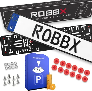 2x Original ROBBX® Premium Kennzeichenhalter Rahmenlos VIBRATIONSFREI inklusive Parkscheibe Profiltiefenmesser Montagewerkzeug passend für alle Fahrzeuge