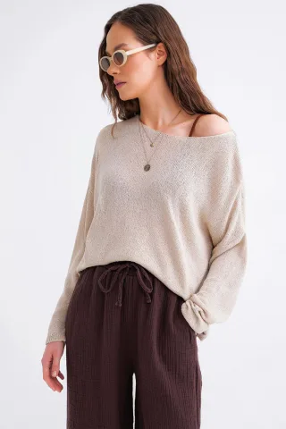 Übergroßer Bootsausschnitt-Strickpullover