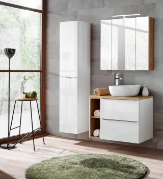 Badmöbel Set 5-tlg Badezimmerset PERUGIA Weiss HGL ohne Waschbecken