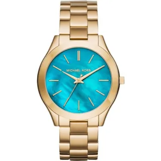 Michael Kors MK3492 Slim Runway 42mm Goldfarbene Edelstahl Damenarmbanduhr mit blauen Zifferblatt