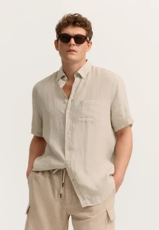 Bugatti Herren Kurzarm-Hemd Modern Fit aus Leinen mit Button-Down-Kragen