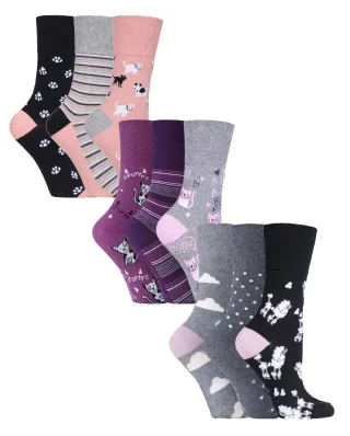9 Paar Multipack Ladies Cotton Crew Non Elastic Socks | Gentle Grip | Womens Soft Top Striped Patterned Non Binding Socks - Cats & Dogs