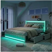 PXloue Polsterbett LED Doppelbett 140x200 cm (Inklusive USB-Typ-C-Ladeanschluss), Stauraumbett,mit Bettrahmen und 4 Schubladen,160x200cm,Leinen