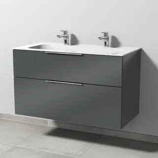 Sanipa 3way Keramik-Set Finion Keramik-Doppelwaschtisch und Unterbau mit 2 Auszügen, Anthrazit-Glanz UF40379