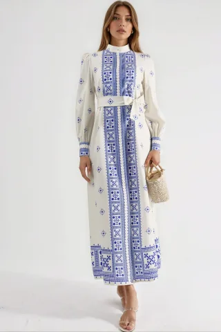 Mandarinkragen Geometrisches Panele Maxi-Kleid