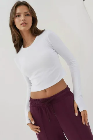 Elastisches Rundhals Langarm-Crop-Top