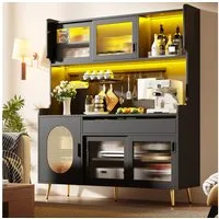 Odikalo Küchenbuffet Küchenschrank Buffetschrank mit LED (145x39x171cm, Landhausstil, 5 Türen, mit LED-Lichtleiste & Ordnungslockplatte, Fluted Glas Türen)
