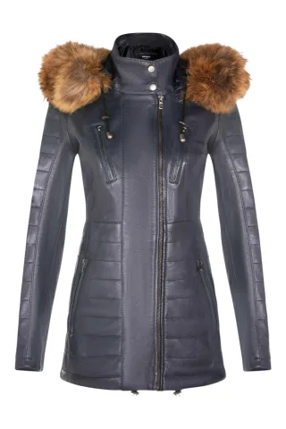 Blaue gesteppte Parkajacke aus Leder für Damen – Winton