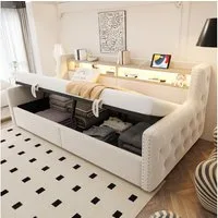 MODFU Schlafsofa Hydraulischer Stauraum, LED-Licht,Ladeanschluss und dicker Rückenlehne, Polsterbett, Inklusive Lattenrost und Ablagefach, Stauraumbett 90x200cm, Inklusive Matratze