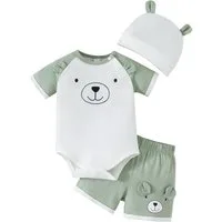 Lapastyle Body & Shorts Babys Strampler & Shorts & Mütze, Anzug mit Farbblockierung (Set, 3-tlg) Niedliche Babykleidung Neugeborenes mit Bärenmuster Sommer Casual