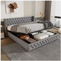 OKWISH Polsterbett Doppelbett Stauraumbett (Bettunterseite ist mit schmutzabweisenden schwarzen Vliesstoff, Grau, Ohrenform Doppelte Nietenreihe Flanell, Knopfnähte Kopf-und Fußende), 180x200cm,ohne Matratze