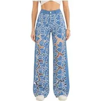 Ital-Design Weite Jeans Damen Weite Hose mit Blumenmuster und hohem Bund (91978483) Applikation Stretch High Waist Jeans in Blau
