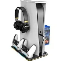 Toomoke PS5 Ständer mit 3 stufig Lüfter und RGB Licht Controller-Ladestation (PS5 Controller Ladestation,PS5 Standfuß für PS5 Disc/Digital Edition Controller Ladestation, mit Headset Halterung und mit 6 Spiele Lagerung)
