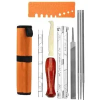 Trade-Shop Elektrowerkzeug-Set Kettensägen-Schärfset 10-teilig Universal Kit für Sägeketten, 10-tlg., bestehend aus Feilen, Rillenreiniger, Schnellprüfer, Tragetasche etc.