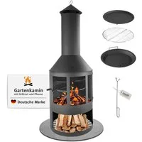Lemodo Gartenkamin Terrassenofen mit Funkenschutztür, Grillrost und Pfanne, Grillgitter und Pfanne schwenkbar