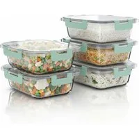 Arendo Frischhaltedose mit Deckel 5er Set, Vorratsdosen, Glas-Lunchboxen, auslaufsicher, Borosilikatglas, Kunststoff, (5-tlg), Mikrowellen-, Ofen-, Gefrier- & spülmaschinengeeignet, Klickverschluss