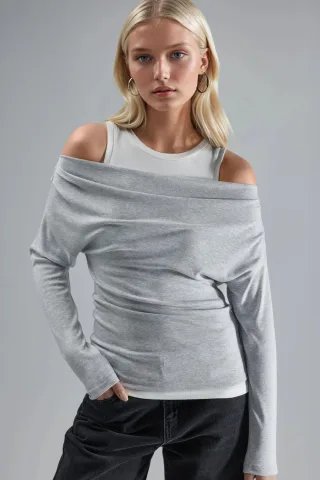 Weiche Touch Rundhals Langarm Doppel-Lagen Strickbluse