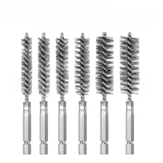 Premium Stainless Steel Bore Brush Set 6 pcs Silver Straight Wire Bristle for Drill Efficient Cleaning Rust Removal