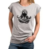 MAKAYA T-Shirt Kurzarm Damen T-Shirt mit lustigem Faultier-Yoga-Aufdruck (Weiß, Rosa, Hellgrau, Grün, Dunkelgrau, 34, 36, 38, 40, 42, 44, 46, 48, 50) Baumwolle