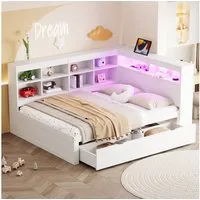 Odikalo Massivholzbett Holzbett Schlafsofa 90x200 USB LED Regal Stauraum Ablagefach Weiß/Grau