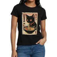 Spreadshirt T-Shirt Ramen Katze, Schwarze Katze Mit Nudelsuppe Frauen T-Shirt (1-tlg)