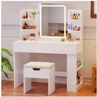 HOMALL Schminktisch mit Spiegel, LED-Beleuchtung, einstellbare Helligkeit, ostern (Langex Brete x Hthe) 90/110 x 40x 135 cm. B ofene Facher (2 seitiche Facher sind nach inks und rechts verschiebban. 2 groBe Schubladen)