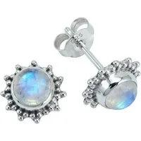 mantraroma Paar Ohrstecker BUWAN rund aus 925 Silber mit Regenbogen Mondstein (Paar, Paar Ohrringe mit Schmuckbeutel), 925 Sterling Silber Ohrringe für Damen