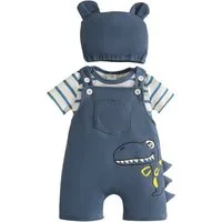 Gluckids Shirt, Hose, Jacke & Mütze Jungen Sommeroutfit, gestreifter Strampler, Bedruckter Latzhose, Mütze (Set, 3-tlg) Neugeborenes Casual Anzug mit Dinosaurier-Print, Geburtstagsgeschenk