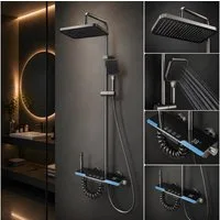 LuxaSteel Duscharmatur Duschsystem Duscharmatur mit LED Display & Regendusche (Duschsystem Komplettset, Komplettset inklusive Regendusche, Handbrause und Montagematerial) LED Display, Temperaturanzeige, Air-Injection-System