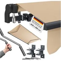 STEELSØN Gelenkarmmarkise Kestria wetterfest & blickdicht (400x250 cm, beige) mit Aluminium-Kassette & Wandhalterung, langlebiges Kunstftoffgewebe