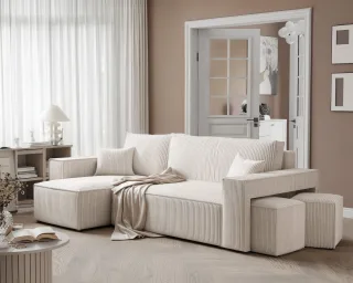 Ecksofa Schlafsofa Sofa ADARA inkl. Hocker Stoff Poso Altweiß Ottomane Links
