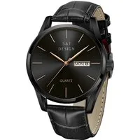 S&T Design Quarzuhr Herren Uhr Leder Armbanduhr Herrenuhr, (Packung, inkl. Uhrendose), Männer Uhr Schwarz Datum Wasserdicht 3Bar