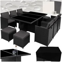 tectake Sitzgruppe Aluminium Rattan Gartenlounge für 6 bis 10 Personen, Inkl., (Loungeset New York, 12-tlg., für Außen in Schwarz), wetterfest und UV-beständig, 2 Bezugssets, mit Sicherheitsglasplatten