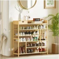 HOMCOM Schuhregal mit 6 Ebenen, Schublade aus Bambus, für max. 18 Paar Schuhe, Schuhständer 1-tlg., für Eingang, Schlafzimmer, 101 x 30 x 100 cm, Natur