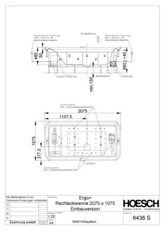 Hoesch Whirlwanne Ergo+ Rechteck 2075x1075 freistehend mit System Kombi-System Weiss/Chrom/Glas Schw 6441S.010305552