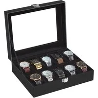 SONGMICS Uhrenbox Uhrenkasten, herausnehmbare Uhrenkissen, Geschenkidee,25,5x20,2x7,8 cm, mit 10 Fächern, Glasdeckel, Uhrenkoffer, Innenfutter in Schwarz