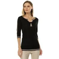 Passioni 3/4 Arm-Pullover mit gestreiften Abschlussdetails und einem Splitneck