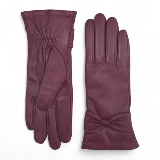 Damen-Fahrhandschuhe aus burgunderrotem italienischem Leder mit weichem Wollfutter und Schleifendesign für den Winter