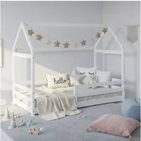 Homestyle4u Hausbett 80x160 Holz mit Lattenrost Hausbett Bodenbett Montessori Kleinkind (Komplett-Set mit Lattenrost, Matratze mit OEKO-TEX® Standard 100), mit Rausfallschutz