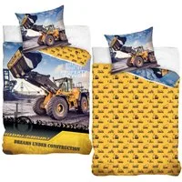 MTOnlinehandel Bettwäsche Bagger 135x200 + 80x80 cm, 100 % Baumwolle, Renforcé, 2 teilig, Kinderbettwäsche-Set mit Bagger, Betonmischer & Baustelle