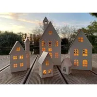 LB H&F Lilienburg Dekofigur 5er SET Haus Häuser Deko Metall Lichthaus Metallhaus Dekohaus (weihnachtsdeko Winterdeko Herbstdeko Mitbringsel Geschenk Adventsdeko Herbstdeko Tischdeko Laterne Windlicht Laterne Windlicht Wohnzimmer außen Garten Mutter M