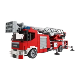 Klemmbausteine | BRIXIES PLUS | Feuerwehr Drehleiter | Turntable ladder | rot, weiß, grau | 406 Steine | ab 6 Jahre | Feuerwehr-Geschenk | Sammler