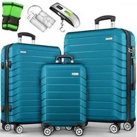 tillvex Trolleyset tillvex® Reisekoffer Set Koffer Hartschale Trolley Kofferset Tasche, (TSA Schloss Rollkoffer S-M-L-XL, 3 tlg., 4 Rollen Trolley Gepäck Koffer), Reisekoffer Set 3-TLG. + Gepäckwaage, 6X Gurte & 3X Anhänger Kofferset