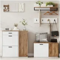 Merax Garderoben-Set 5-teilig Garderobenschrank in Holz und Schwarz/Weiß, (5-St., Eingangsbereich-Schrank Flurmöbel), mit Schuhschrank,Kommode,Spiegel, Hutablage,Garderobenpaneel mit Haken