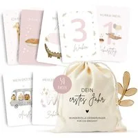 MeinBaby123® Geburtskarte 50 Meilensteinkarten "Dein erstes Jahr" zum Ausfüllen, inkl. Baumwollsäckchen, Geschenk zur Geburt, Meilensteinkarten Baby
