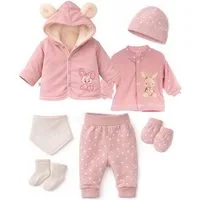 La Bortini Erstausstattungspaket Baby Anzug Jacke Hose Hemdchen Mütze Socken Fäustlinge Sabbertuch rosa (Set für Mädchen, 7-teilig, Anorak, Hose, Shirt, Handschuhe, Haube, Strümpfe, Lätzchen) in altrosa mit Hasen, 44 50 56 62 68 74