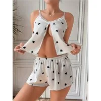 Elegant Love Shorty Stilvolles Nachtwäsche-Set für Damen – Satin-Loungewear mit Herzen (Set, 2 tlg., Oberteil + Shorts) Sinnlicher Pyjama mit offenem Front- & Rückenausschnitt, Sexy Homewear